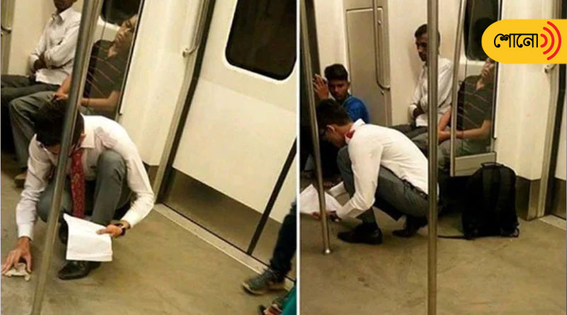 Young Boy Cleans Delhi Metro Floor After He Spilled Food