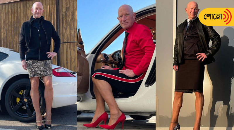 Mark Bryan proudly dons women's skirts and heels on his office