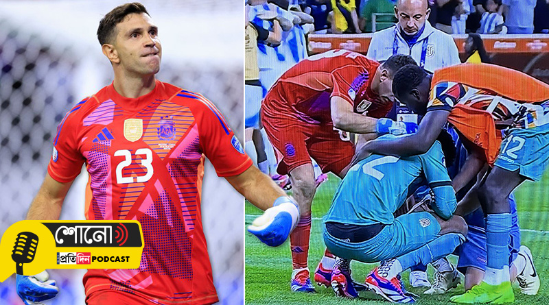 Argentina's Martinez consoling Ecuador goalkeeper Dominguez