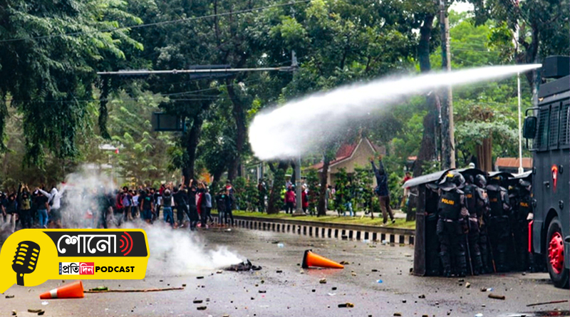 Water cannons are used for crowd control